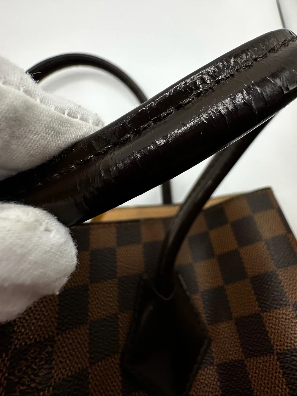 Louis Vuitton Brown Damier Ebene Kensington Canvas Tote with Gold V Detail